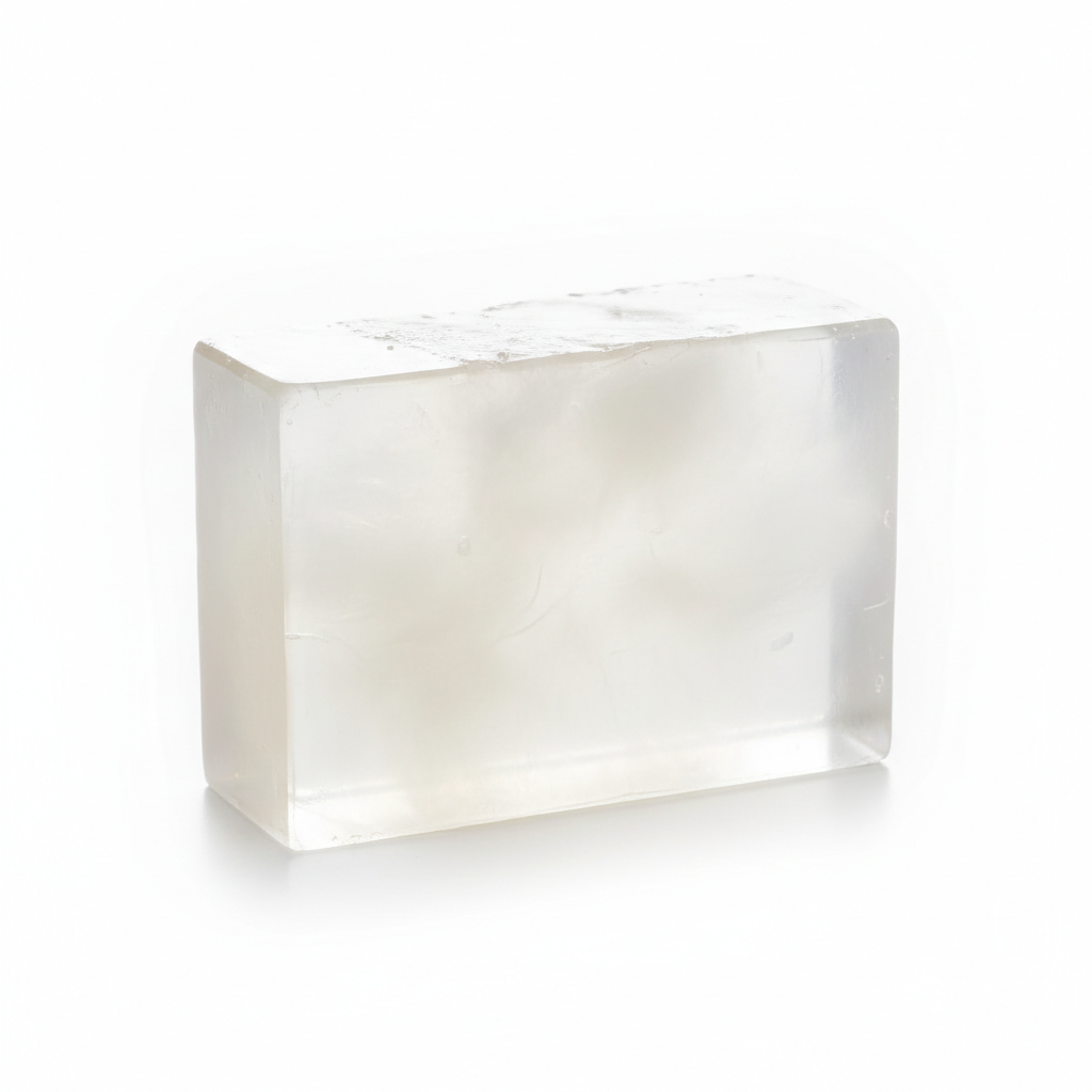 Clear rectangular soap base block on a white background