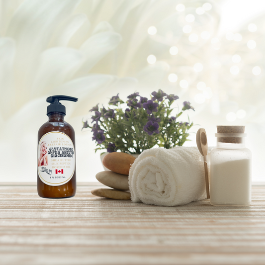 Skin Brightening and Repair lotion in 8oz amber glass bottle