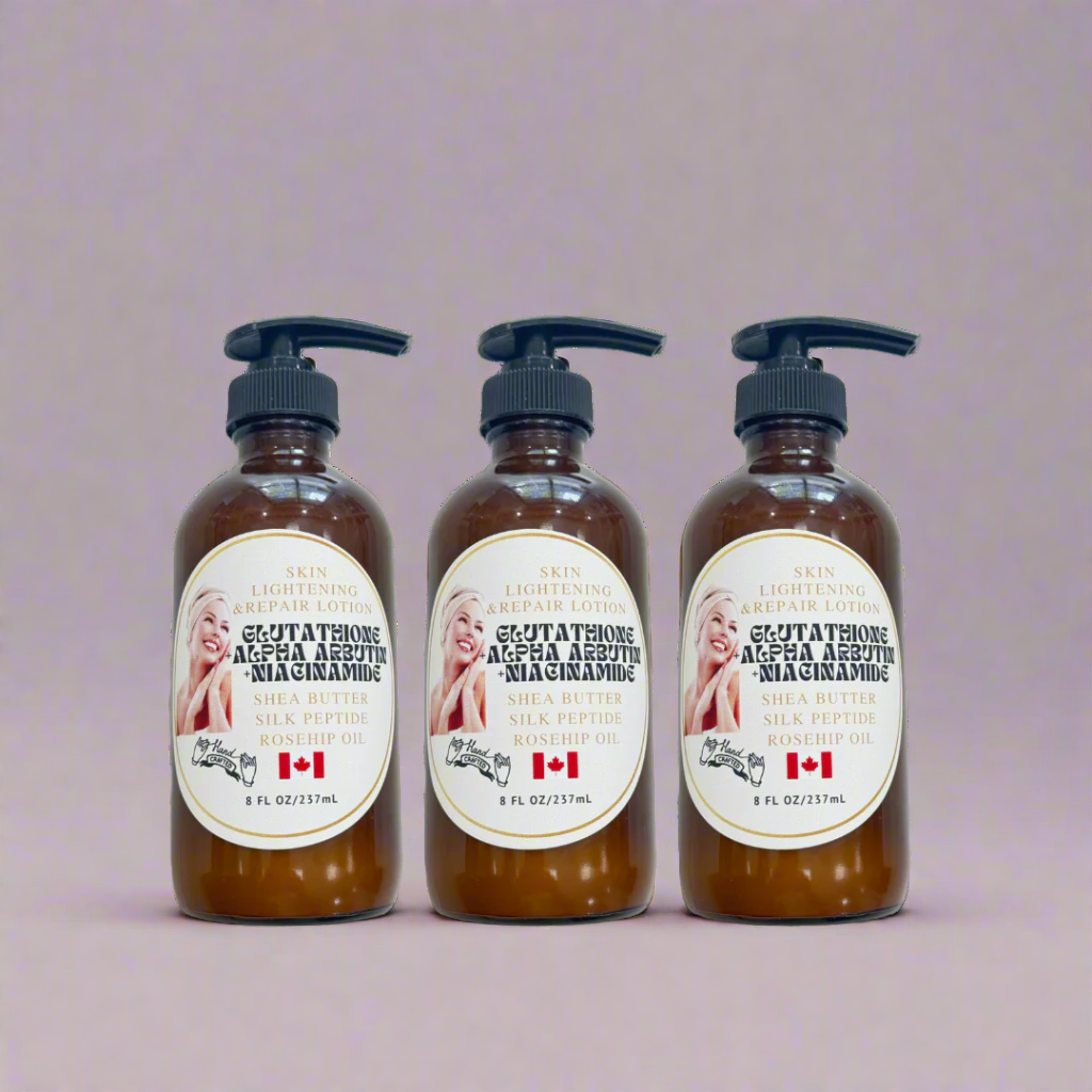 Skin Brightening and Repair lotion in 8oz amber glass bottle