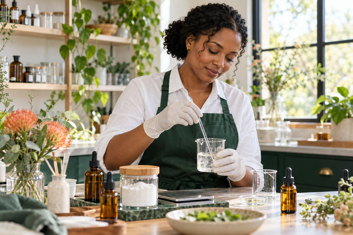 Skincare formulator stirring serum in a small-batch studio; illustrative editorial scene.