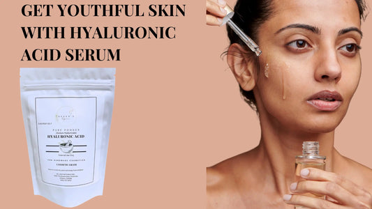 Featured image of a woman using hyaluronic serum on face, with a product image of hyaluronic acid powder