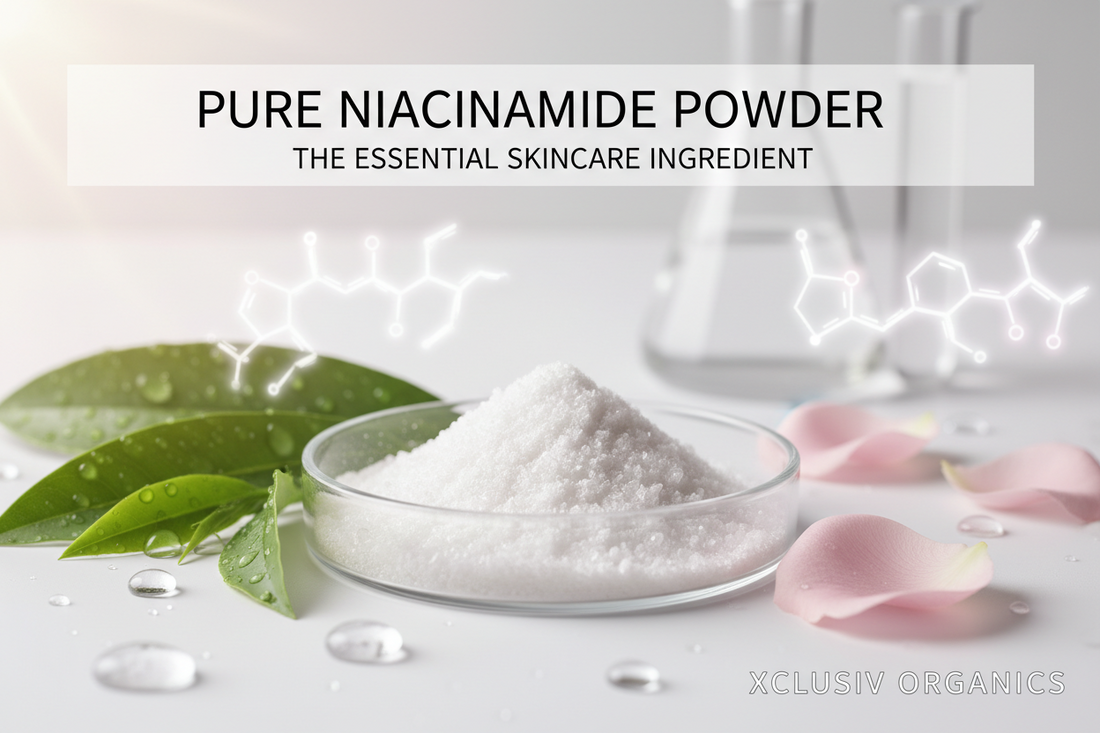 Pure niacinamide powder in a petri dish. XCLUSIV ORGANICS Pure active ingredients in Toronto, Canada.