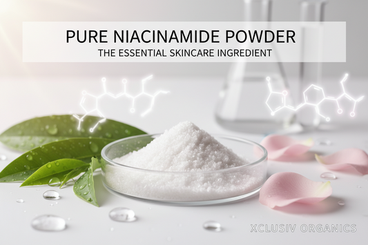 Pure niacinamide powder in a petri dish. XCLUSIV ORGANICS Pure active ingredients in Toronto, Canada.