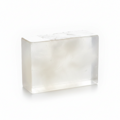 Clear rectangular soap base block on a white background