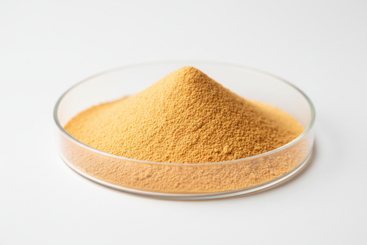 Yellow powder in a glass container on a white background