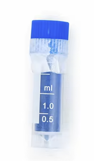 Clear plastic tube with blue cap and measurement markings on a white background, containing blue powder of copper peptide GHK-Cu