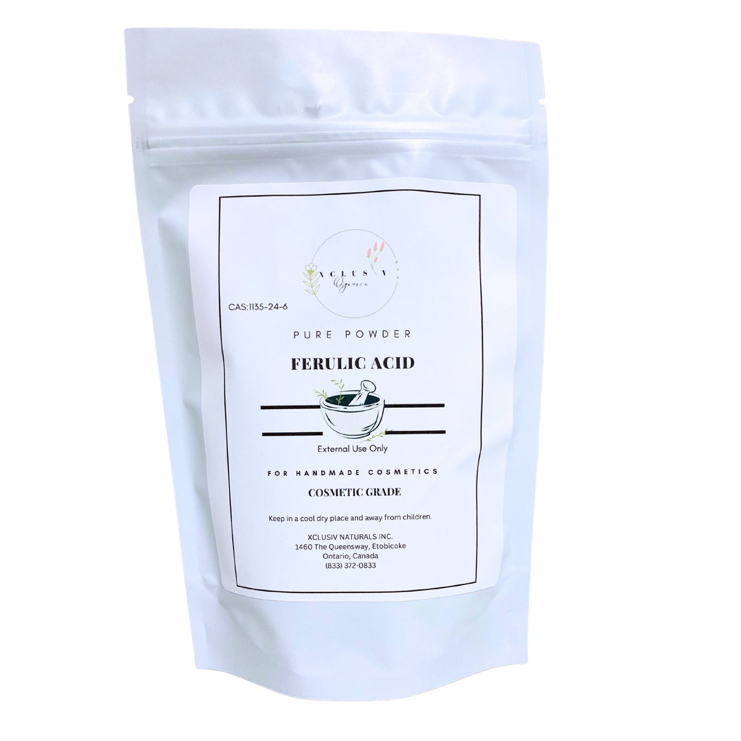 A white stand-up pouch of Pure Xclusiv Organics Ferulic acid powder with a sticker label