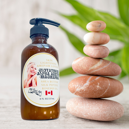 Skin Brightening and Repair lotion in 8oz amber glass bottle