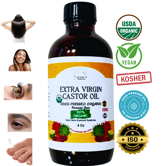 USDA Organic Cold Pressed Extra-Virgin  Castor Oil - Hexane-Free Kosher Certified 4 Oz For Hair & Skin Xclusiv Organics