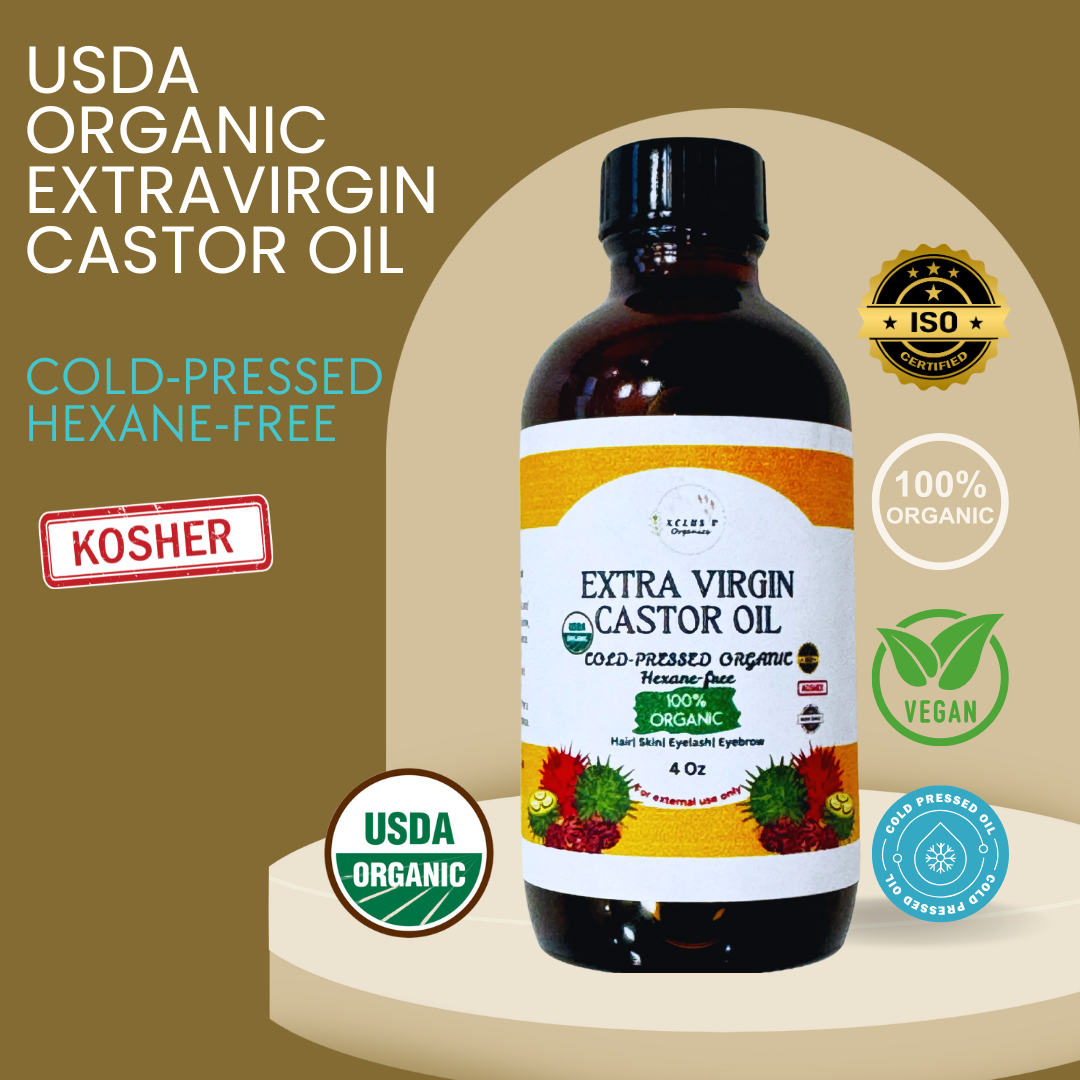 USDA Organic Cold Pressed Extra-Virgin  Castor Oil - Hexane-Free Kosher Certified 4 Oz For Hair & Skin Xclusiv Organics