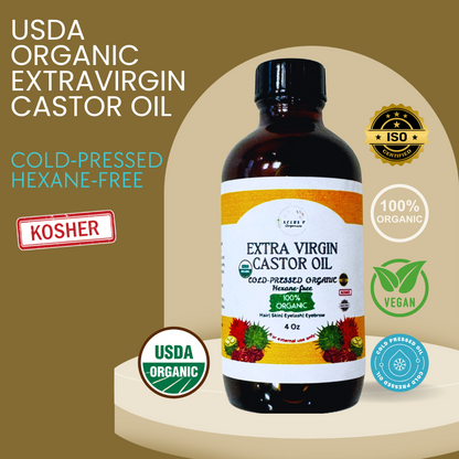 USDA Organic Cold Pressed Extra-Virgin  Castor Oil - Hexane-Free Kosher Certified 4 Oz For Hair & Skin Xclusiv Organics
