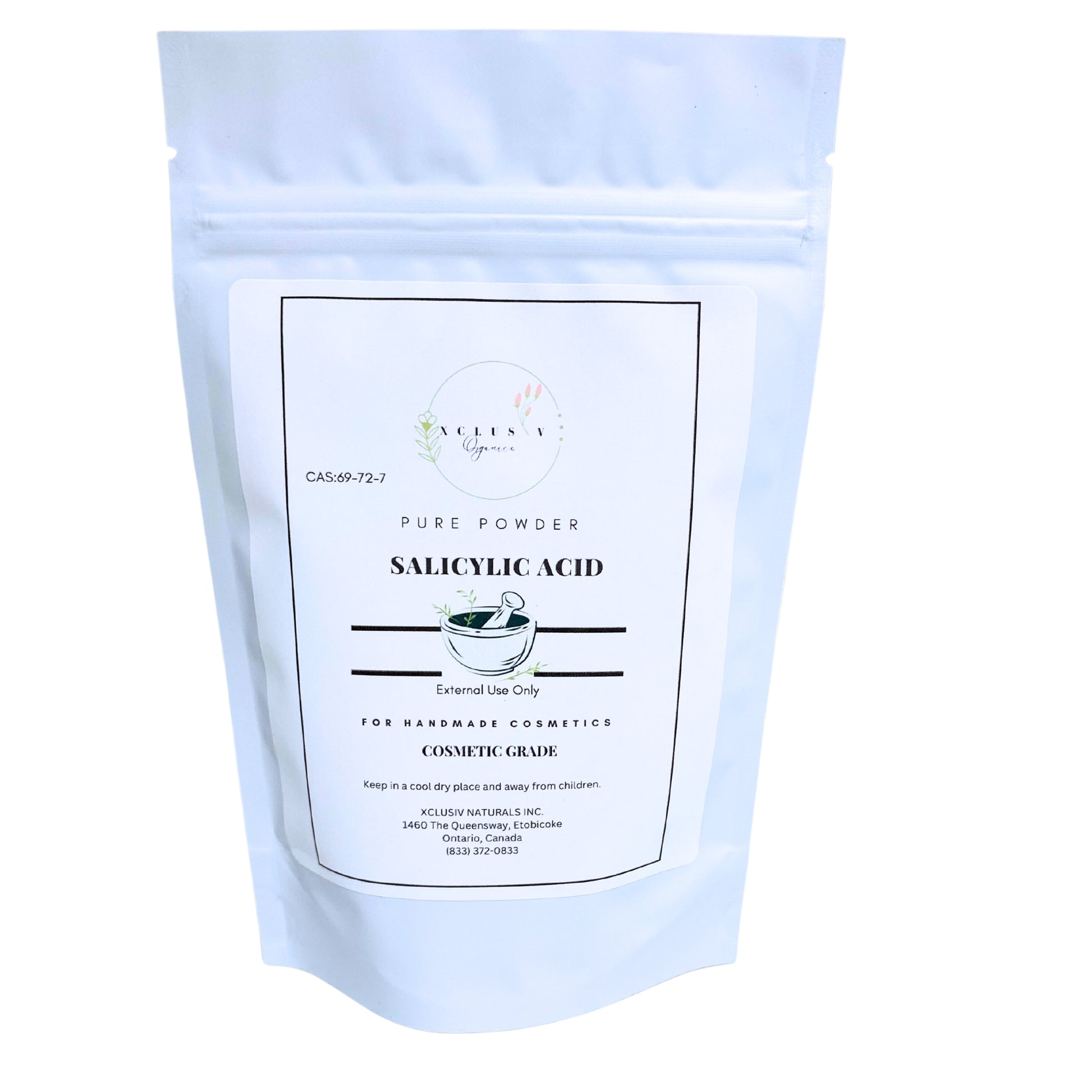 pure salicylic acid powder for skincare in a white pouch